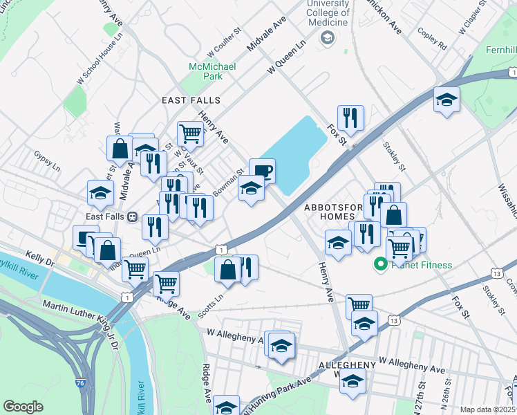map of restaurants, bars, coffee shops, grocery stores, and more near 3300 Henry Avenue in Philadelphia