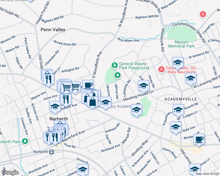 map of restaurants, bars, coffee shops, grocery stores, and more near 523 Monroe Road in Merion Station