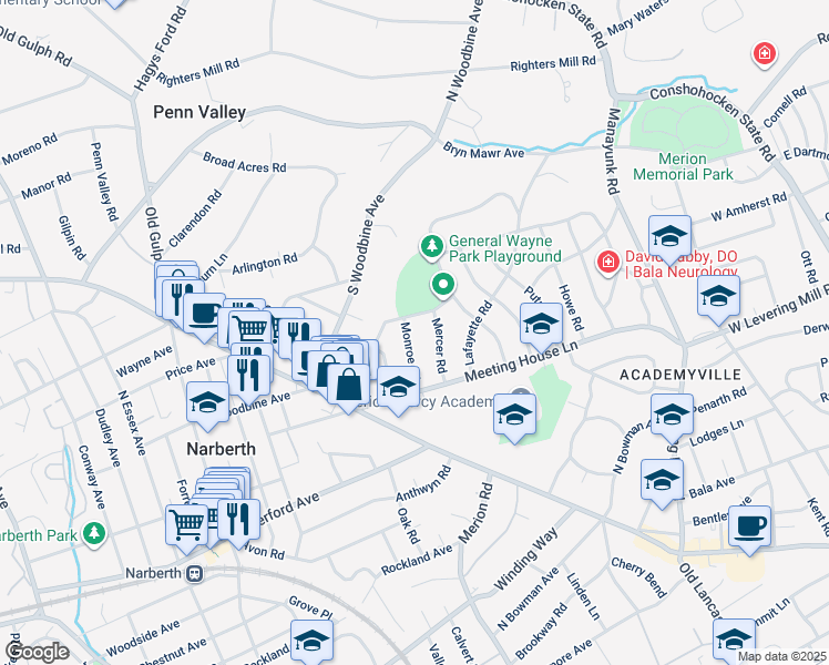 map of restaurants, bars, coffee shops, grocery stores, and more near 523 Monroe Road in Merion Station