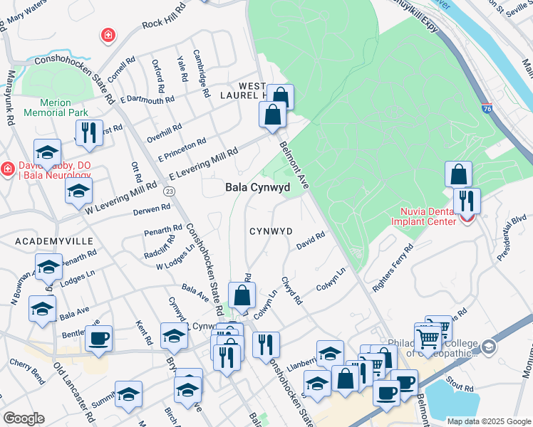 map of restaurants, bars, coffee shops, grocery stores, and more near 346 Llandrillo Road in Bala Cynwyd