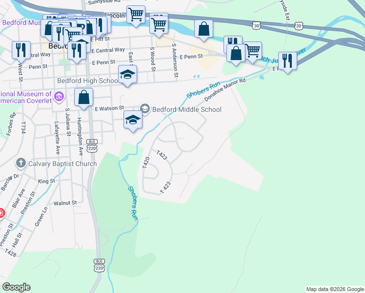 map of restaurants, bars, coffee shops, grocery stores, and more near 114-122 Court Street in Bedford