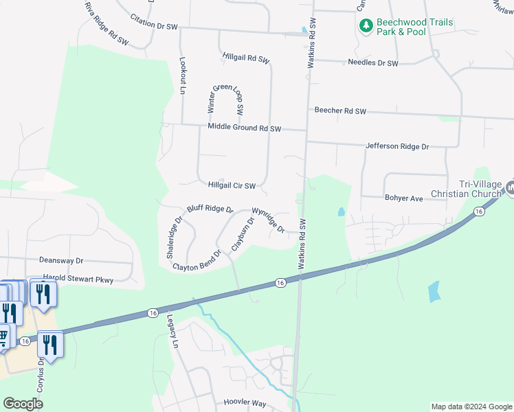 map of restaurants, bars, coffee shops, grocery stores, and more near 473 Wynridge Drive in Pataskala