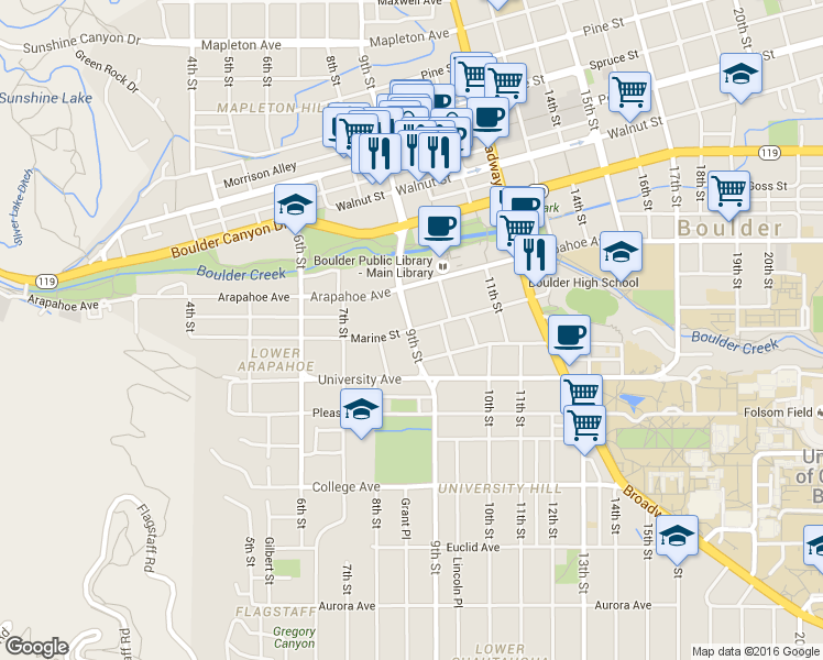 map of restaurants, bars, coffee shops, grocery stores, and more near 9th Street in Boulder