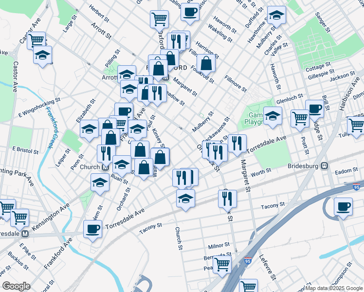 map of restaurants, bars, coffee shops, grocery stores, and more near 1809 Gillingham Street in Philadelphia