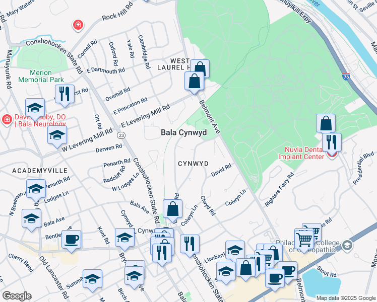map of restaurants, bars, coffee shops, grocery stores, and more near 346 Llandrillo Road in Bala Cynwyd