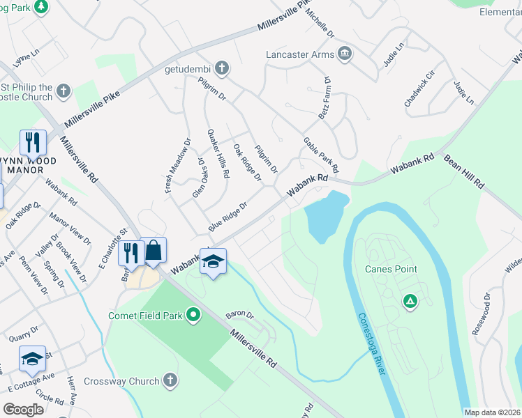 map of restaurants, bars, coffee shops, grocery stores, and more near 72 Pilgrim Drive in Lancaster