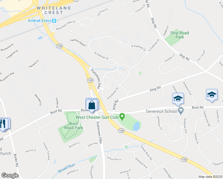 map of restaurants, bars, coffee shops, grocery stores, and more near 146 Weedon Court in West Chester