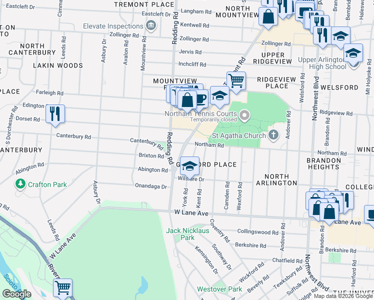 map of restaurants, bars, coffee shops, grocery stores, and more near 2050 Northam Road in Upper Arlington