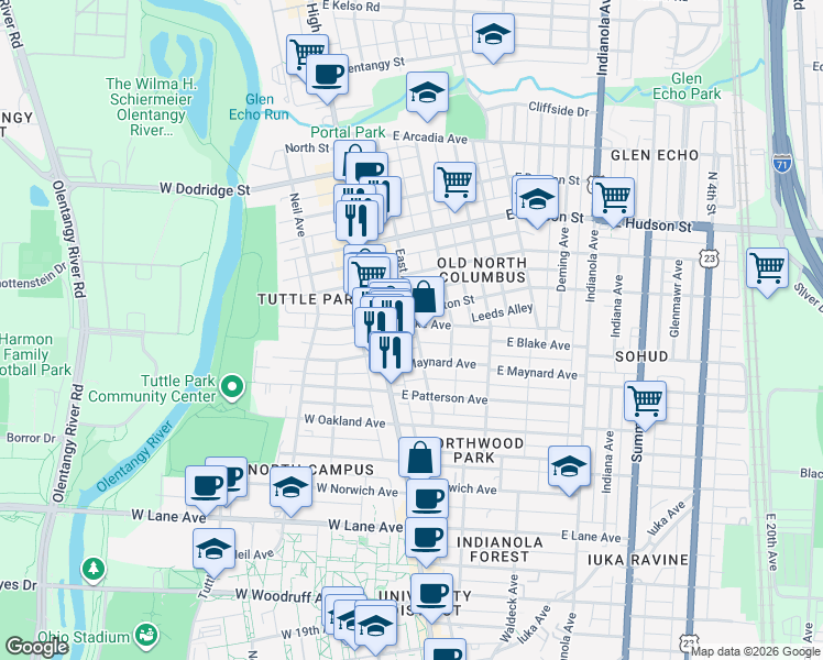 map of restaurants, bars, coffee shops, grocery stores, and more near 43 East Blake Avenue in Columbus