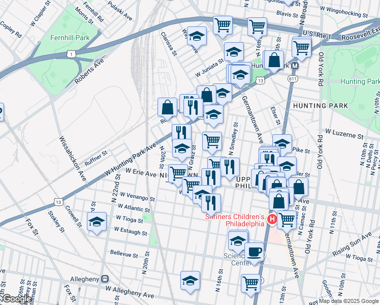map of restaurants, bars, coffee shops, grocery stores, and more near 1829 West Butler Street in Philadelphia
