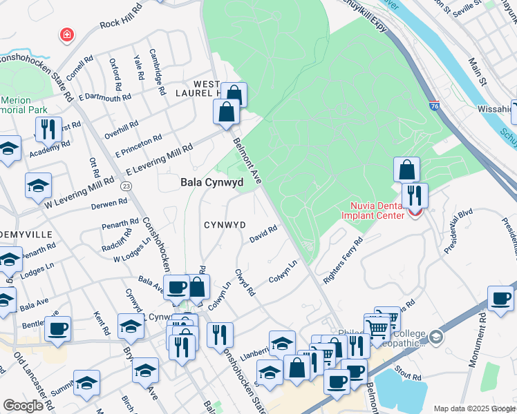 map of restaurants, bars, coffee shops, grocery stores, and more near 305 Penbree Circle in Bala Cynwyd