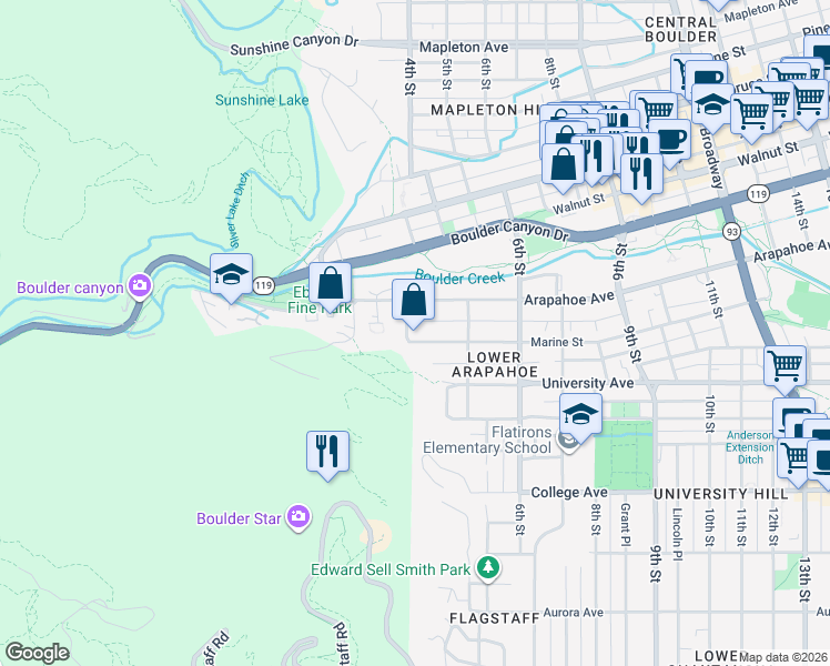map of restaurants, bars, coffee shops, grocery stores, and more near 428 Arapahoe Avenue in Boulder