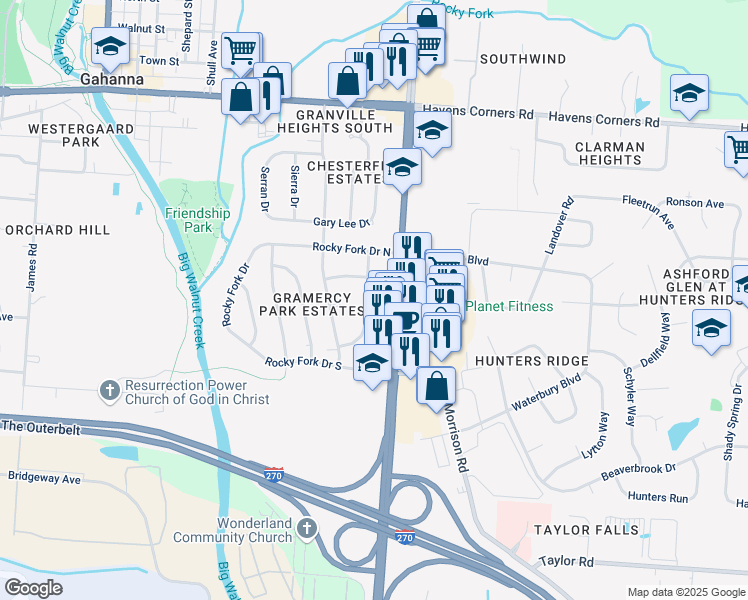 map of restaurants, bars, coffee shops, grocery stores, and more near 263 Hamilton Road in Gahanna
