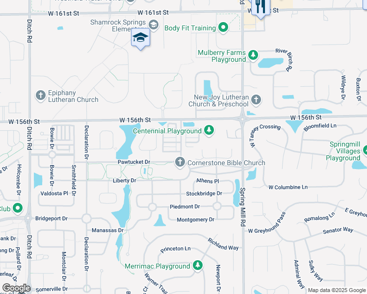 map of restaurants, bars, coffee shops, grocery stores, and more near 15455 Clearbrook Street in Westfield