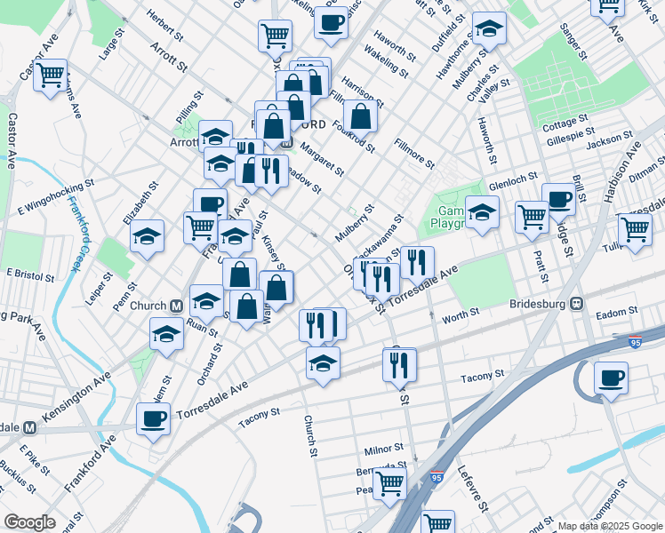 map of restaurants, bars, coffee shops, grocery stores, and more near 1833 Pear Street in Philadelphia