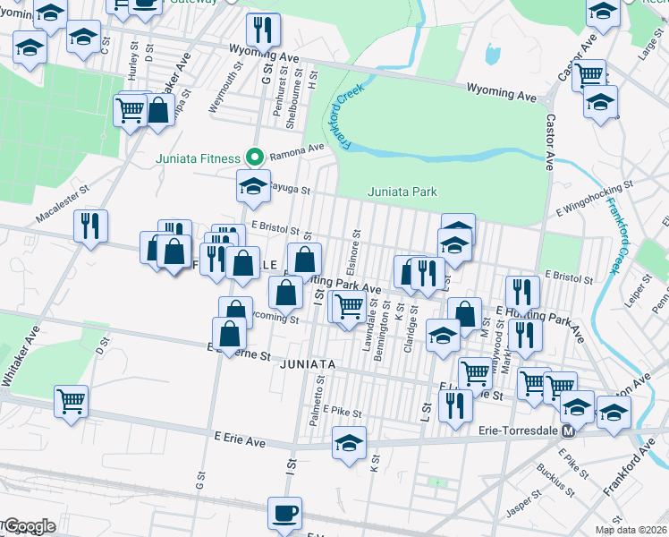 map of restaurants, bars, coffee shops, grocery stores, and more near 4236 I Street in Philadelphia