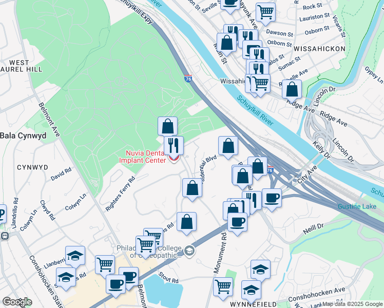 map of restaurants, bars, coffee shops, grocery stores, and more near 191 Presidential Boulevard in Bala Cynwyd