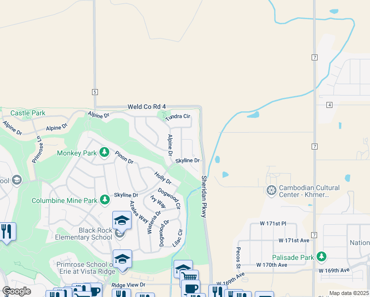 map of restaurants, bars, coffee shops, grocery stores, and more near 2152 Lupine Place in Erie