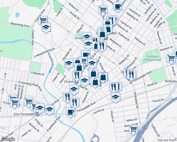 map of restaurants, bars, coffee shops, grocery stores, and more near 1626 Unity Street in Philadelphia
