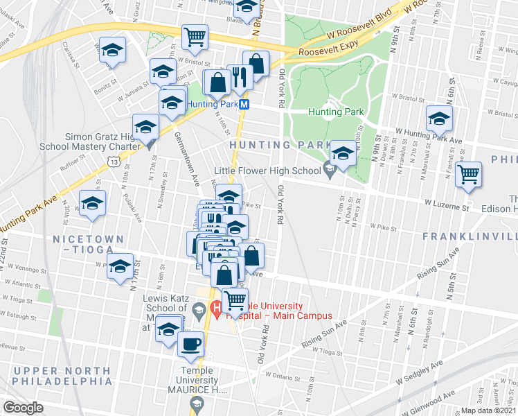 map of restaurants, bars, coffee shops, grocery stores, and more near 3864 North 13th Street in Philadelphia