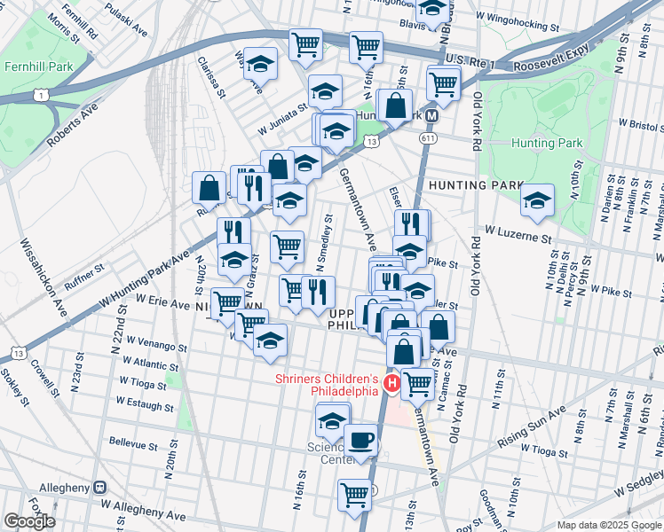 map of restaurants, bars, coffee shops, grocery stores, and more near 3826 North 16th Street in Philadelphia
