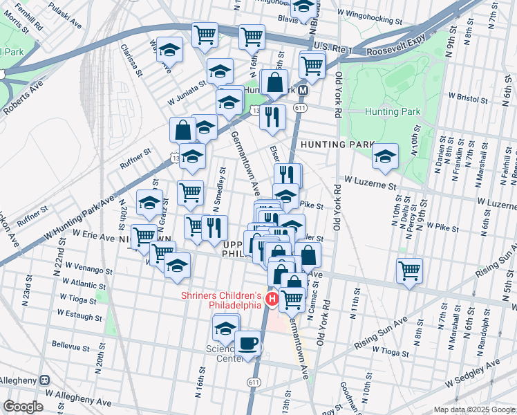 map of restaurants, bars, coffee shops, grocery stores, and more near 3846 Germantown Avenue in Philadelphia
