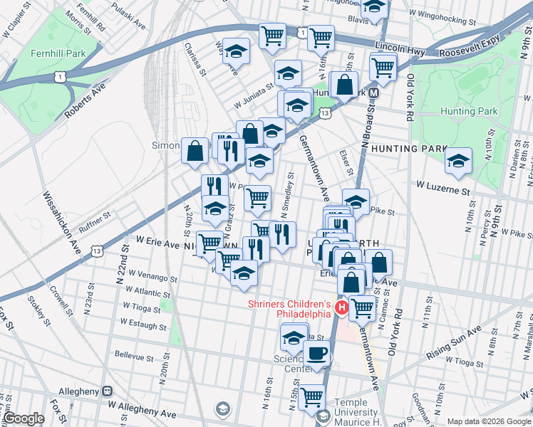 map of restaurants, bars, coffee shops, grocery stores, and more near 3841 North Bouvier Street in Philadelphia