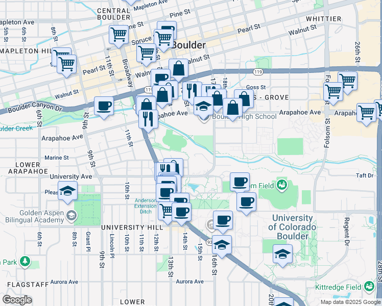 map of restaurants, bars, coffee shops, grocery stores, and more near 1402 Athens Street in Boulder