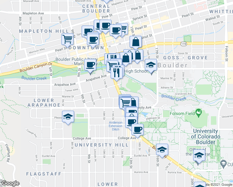 map of restaurants, bars, coffee shops, grocery stores, and more near 1560 Broadway in Boulder