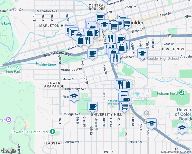 map of restaurants, bars, coffee shops, grocery stores, and more near 1051 Marine Street in Boulder