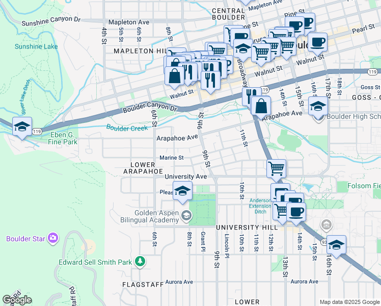map of restaurants, bars, coffee shops, grocery stores, and more near 1639 9th Street in Boulder