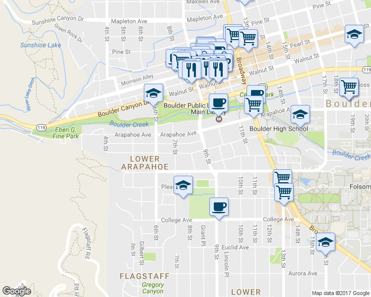map of restaurants, bars, coffee shops, grocery stores, and more near 716 Arapahoe Avenue in Boulder