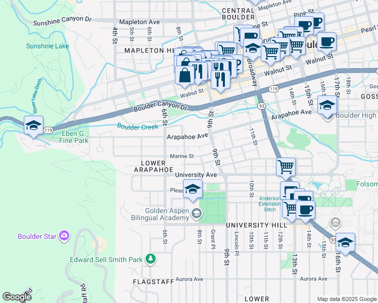 map of restaurants, bars, coffee shops, grocery stores, and more near 716 Arapahoe Avenue in Boulder