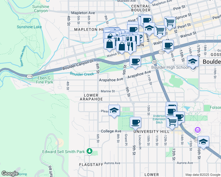 map of restaurants, bars, coffee shops, grocery stores, and more near 716 Arapahoe Avenue in Boulder