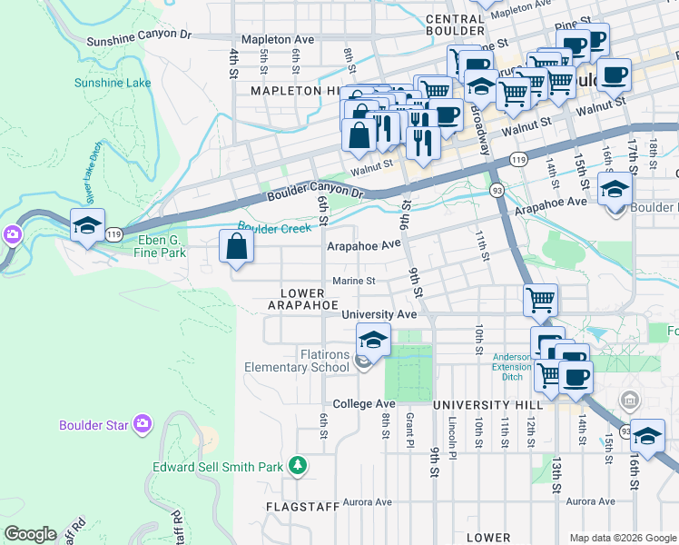 map of restaurants, bars, coffee shops, grocery stores, and more near in Boulder