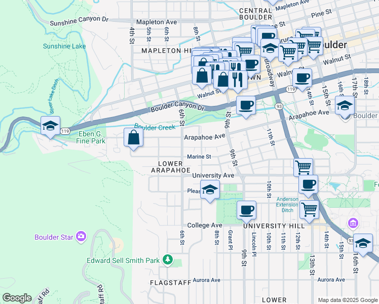 map of restaurants, bars, coffee shops, grocery stores, and more near in Boulder