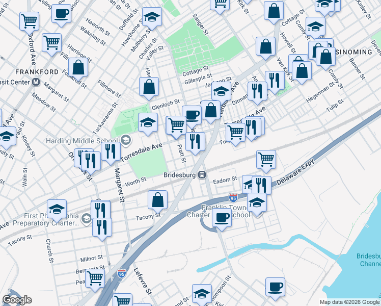 map of restaurants, bars, coffee shops, grocery stores, and more near 2128 Bridge Street in Philadelphia