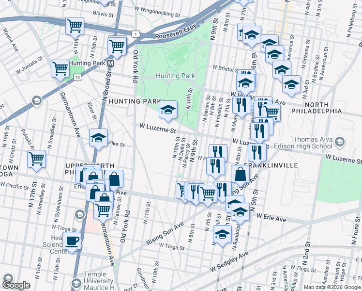map of restaurants, bars, coffee shops, grocery stores, and more near 3950 North Percy Street in Philadelphia
