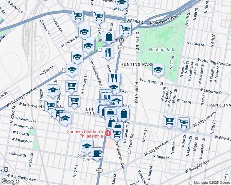 map of restaurants, bars, coffee shops, grocery stores, and more near 1347 West Pike Street in Philadelphia