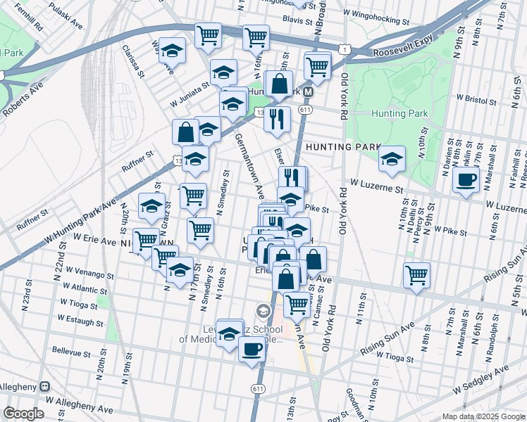 map of restaurants, bars, coffee shops, grocery stores, and more near 3909 Germantown Avenue in Philadelphia