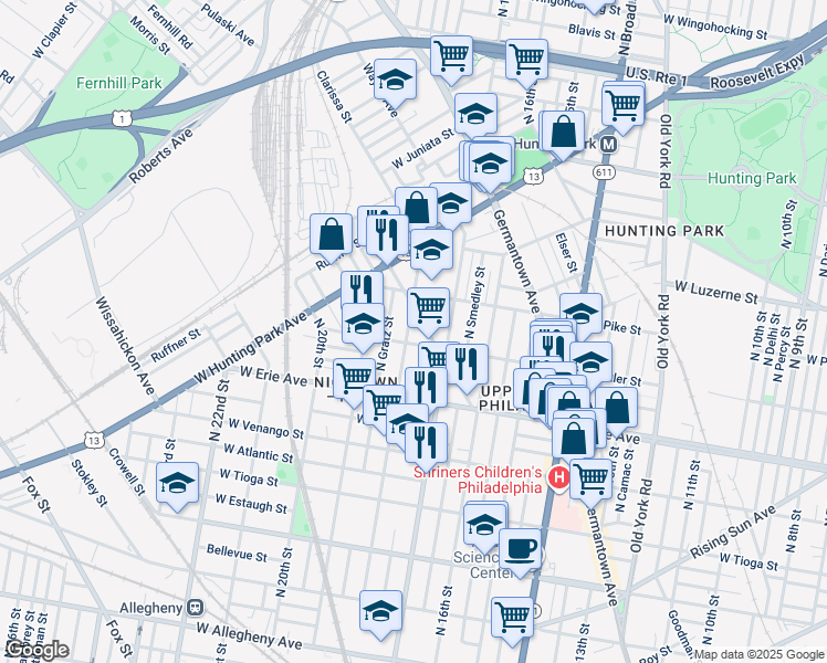 map of restaurants, bars, coffee shops, grocery stores, and more near 3813 North 18th Street in Philadelphia