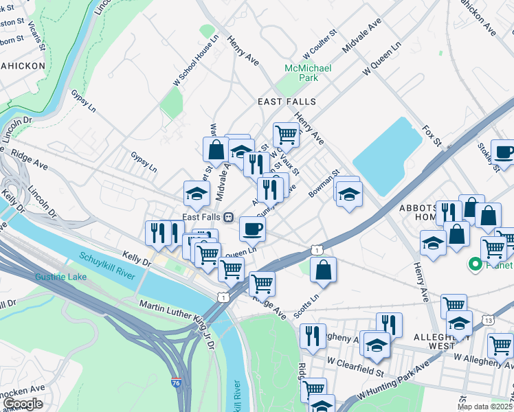 map of restaurants, bars, coffee shops, grocery stores, and more near 3511 Ainslie Street in Philadelphia