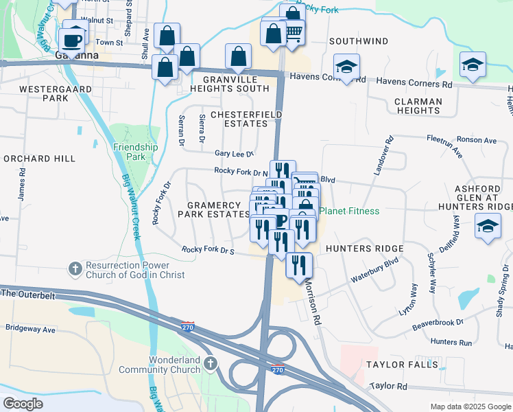map of restaurants, bars, coffee shops, grocery stores, and more near 263 Hamilton Road in Gahanna