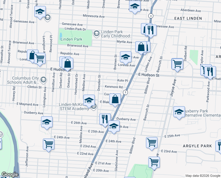 map of restaurants, bars, coffee shops, grocery stores, and more near 1442 Kenmore Road in Columbus