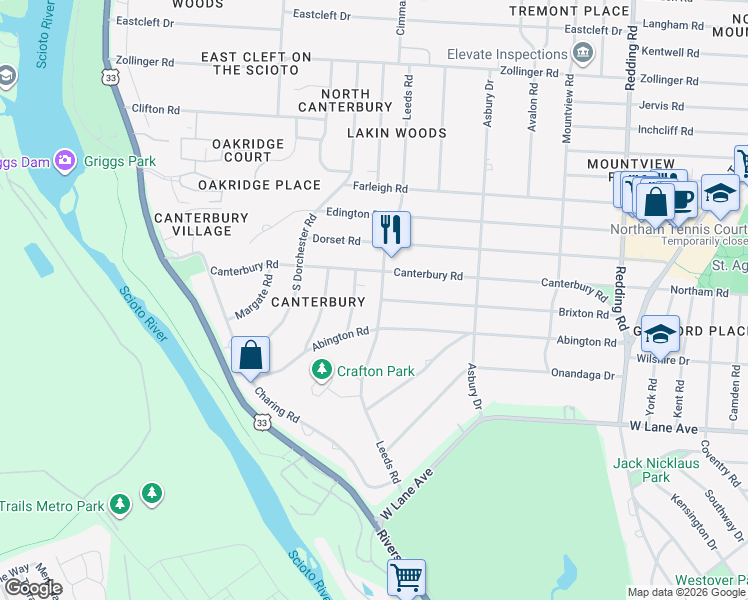 map of restaurants, bars, coffee shops, grocery stores, and more near 2585 Canterbury Road in Columbus