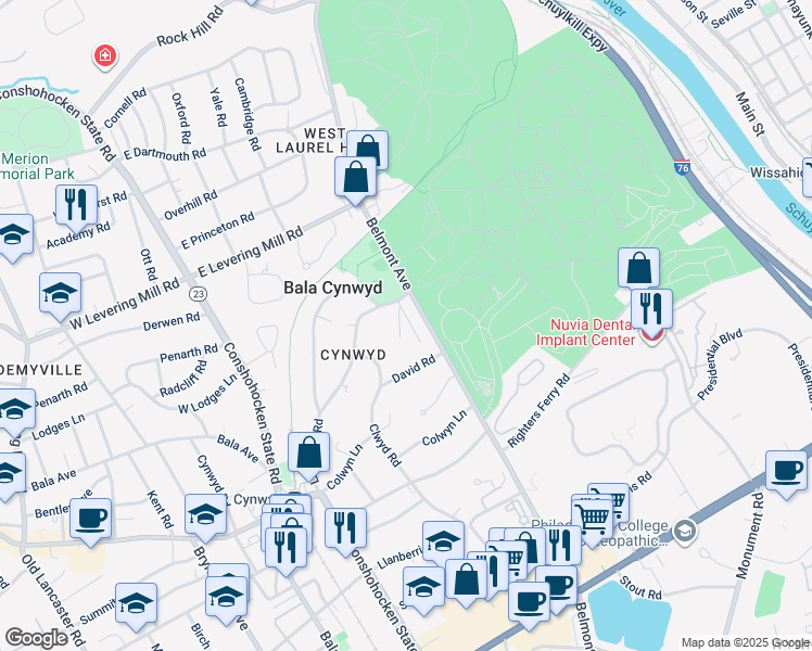 map of restaurants, bars, coffee shops, grocery stores, and more near 305 Penbree Circle in Bala Cynwyd