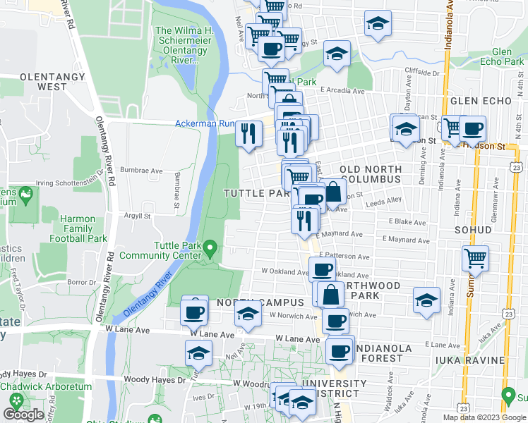map of restaurants, bars, coffee shops, grocery stores, and more near Neil Ave & W Blake Ave in Columbus
