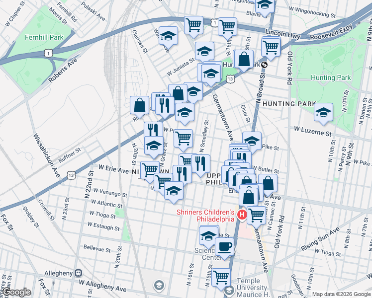 map of restaurants, bars, coffee shops, grocery stores, and more near 3841 North Bouvier Street in Philadelphia