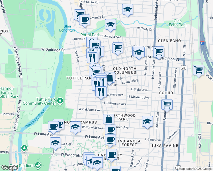 map of restaurants, bars, coffee shops, grocery stores, and more near 43 East Blake Avenue in Columbus