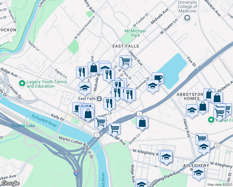 map of restaurants, bars, coffee shops, grocery stores, and more near 3501 Sunnyside Avenue in Philadelphia